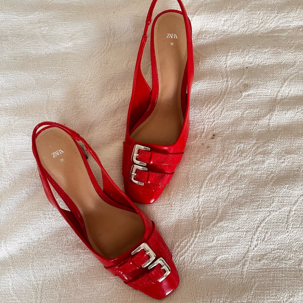Zara Red Patent Slingback Heels with Silver Buckle